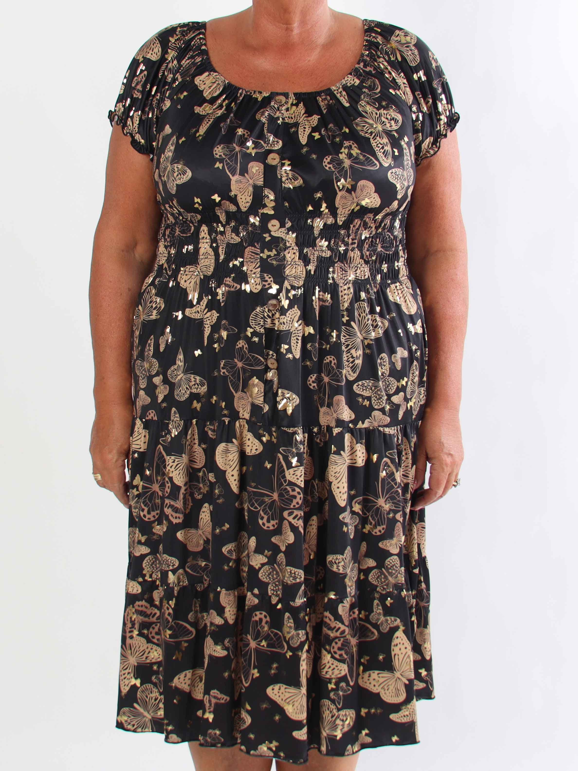 Tea Butterfly - Plus size kjole med smukt sommerfugleprint og elastisk udskæring